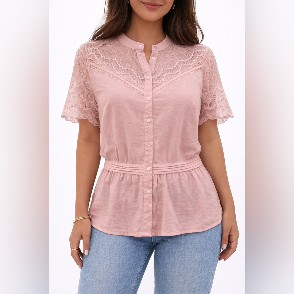 Who What Wear Blush Pink Lace Yoke Peplum Button Front Blouse M